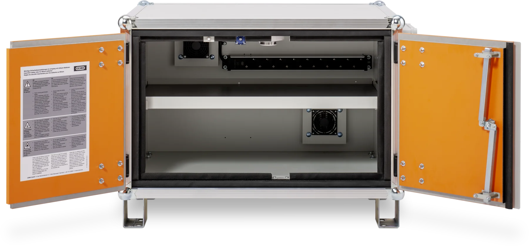 CEMO Battery charging cabinet Premium, 230 V, grey, double hinged doors, orange doors, with stacking feet